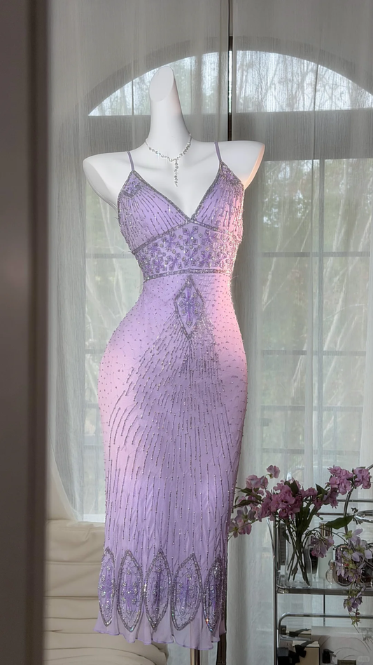 Sexy Spaghetti Straps V Neck Chiffon Beaded Sheath Birthday Dress Lavender Midi Evening Dress SP2185