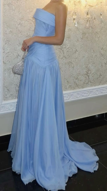 Classy Strapless Chiffon Pleated Mermaid Formal Guest Dress Light Blue Long Party Dress SP450