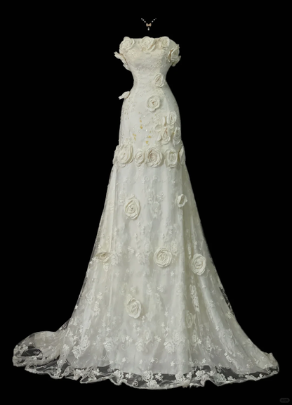 Pretty Strapless Off White Satin Lace 3D Floral Mermaid Long Wedding Dress SP4065