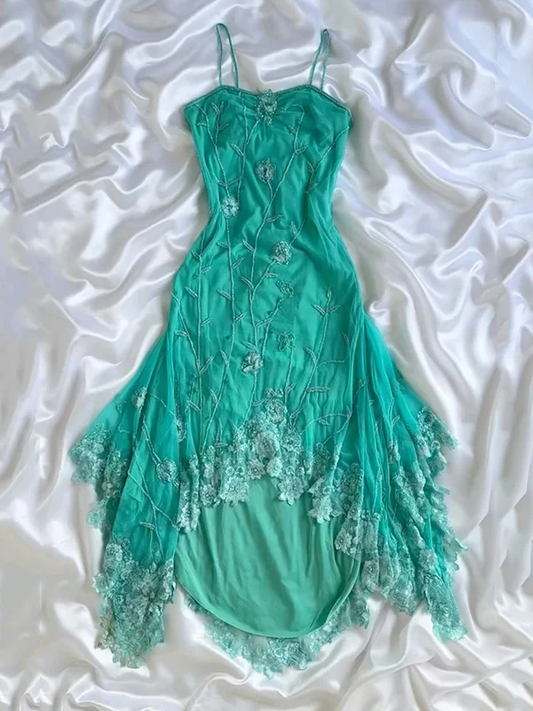 Elegant Spaghetti Straps Chiffon Appliques Beaded Mermaid Long Evening Gown Birthday Party Dress Y9934