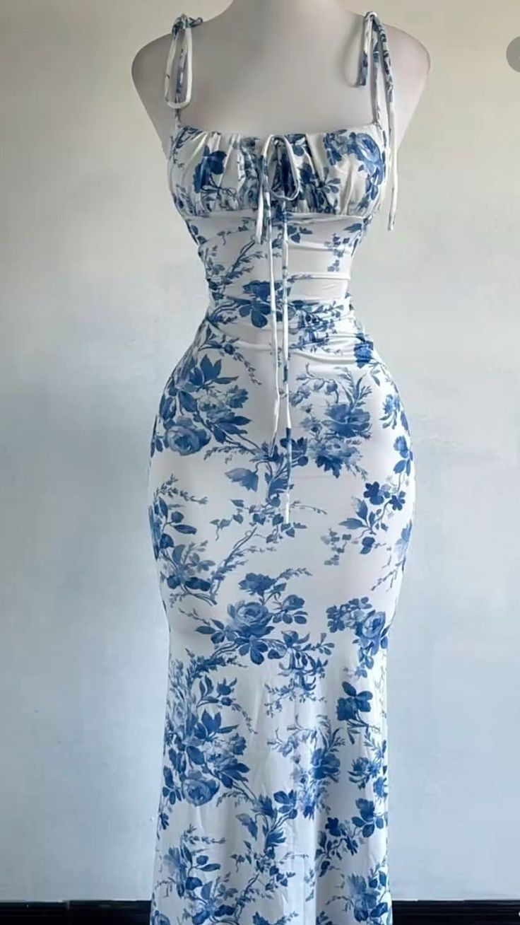 Chic Blue Satin Print Floral Mermaid Long Party Dress Birthday Prom Dress SP971