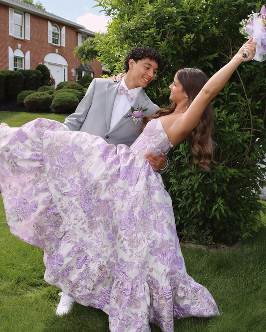 Charming Purple Strapless Satin Print Floral A Line Long Party Dress Prom Gown SP2676