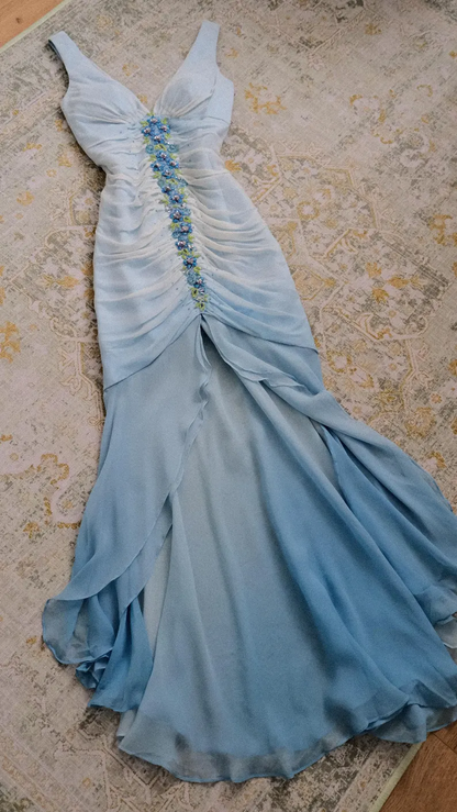 Elegant V Neck Ombre Blue Chiffon Beaded Mermaid Long Party Dress Evening Gown SP2287
