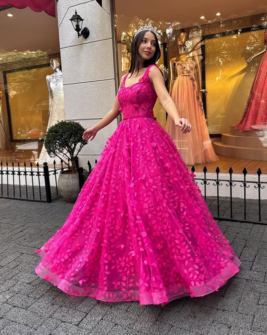 Hot Pink Tulle Appliques Evening Dress，Formal Prom Dress Ball Gown Y8180