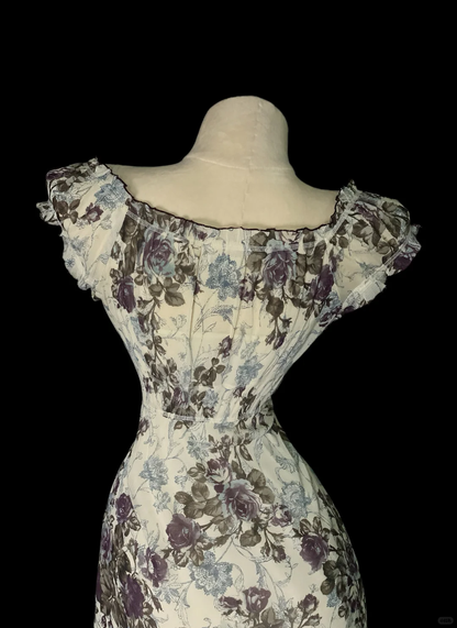 Vintage Sleeveless Chiffon Print Floral Mermaid Long Party Dress Evening Gown SP4043