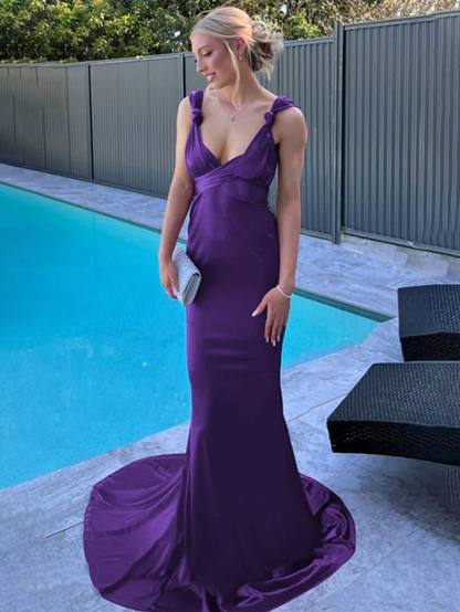 Fashion Burgundy Backless Mermaid Satin Pleated Long Party Dress, Formal Wedding Guest Dress With Train SP452