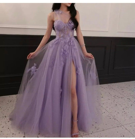 Sweet Light Purple A Line One Shoulder Side Slit Prom Evening Dresses Birthday Party Gowns Y5195