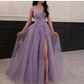 Sweet Light Purple A Line One Shoulder Side Slit Prom Evening Dresses Birthday Party Gowns Y5195