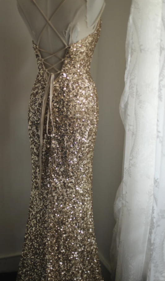 Pretty Spaghetti Straps Gold Sequin Slit Mermaid Long Wedding Guest Dress Birthday Party Gown SP1260