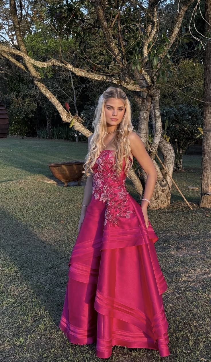 Gorgeous Hot Pink Strapless Satin Beaded Long Party Dress Prom Dress SP3101