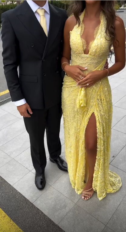 Sexy Halter V Neck Lace Slit Mermaid Long Prom Dress Yellow Long Birthday Party Gowns SP3628