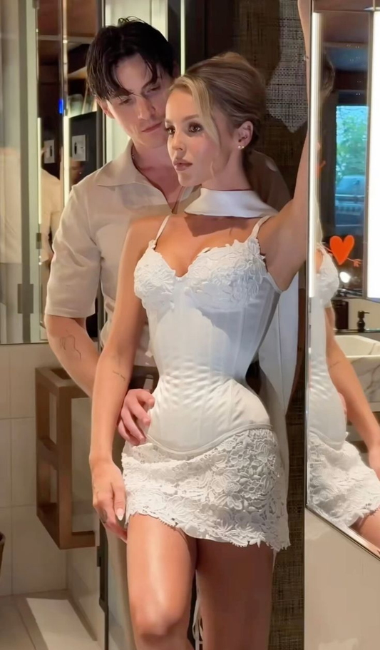 Sexy Spaghetti Straps Lace Satin Short Prom Dress,White Bodycon Mini Homecoming Dress SP3039
