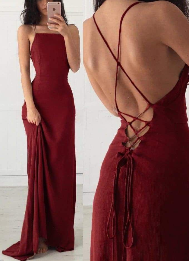 Sexy Spaghetti Straps Burgundy Long Prom Dress Backless Evening Dress Y7832