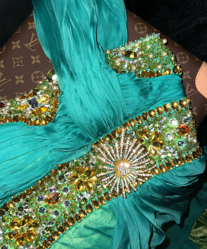 Unique Spaghetti Straps Green Satin Beaded Long Evening Dress Prom Gown SP1065