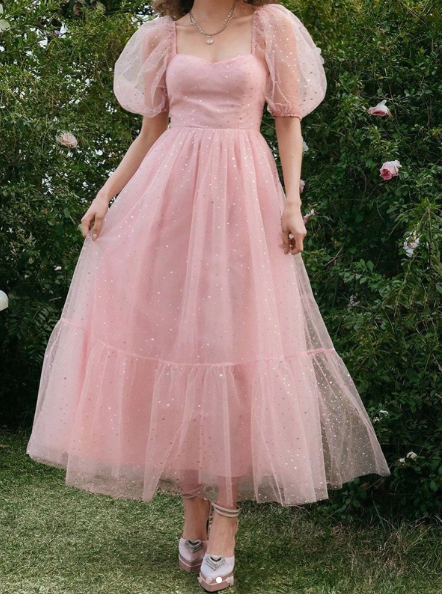 Sparkly Pink Tulle Sequin A Line Long Prom Dress Party Dress SP34