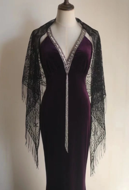 Sexy Purple V Neck Velvet Beaded Mermaid Long Wedding Guest Dress Formal Evening Dress SP1248