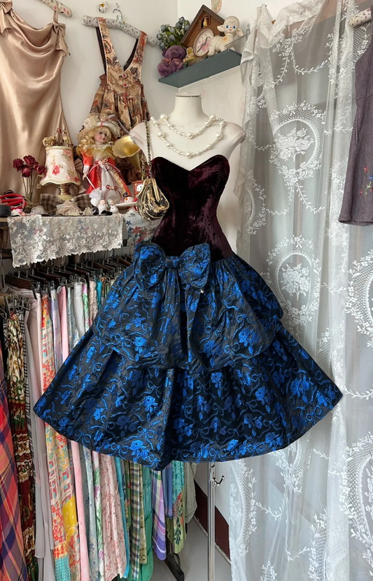 Vintage Strapless Satin Print Floral Birthday Outfits Formal Graduation Homecoming Dress With Bow Y9003