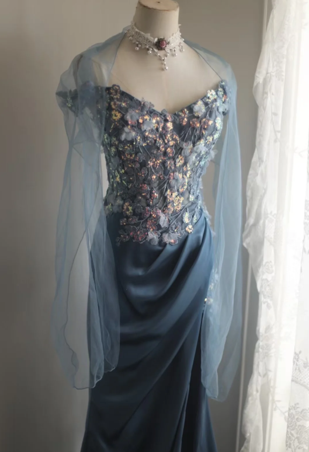 Elegant Blue Off The Shoulder Satin Sequin Appliques Mermaid Evening Dress Silt Long Wedding Guest Dress SP1211