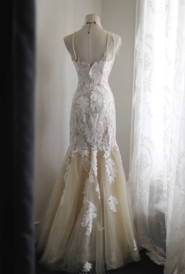 Vintage Spaghetti Straps Champagne Tulle White Lace Appliques Mermaid Long Wedding Dress SP1243