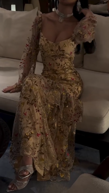 Elegant Tulle Sequin Beaded Mermaid Layered Long Evening Dress Birthday Prom Gown SP1195