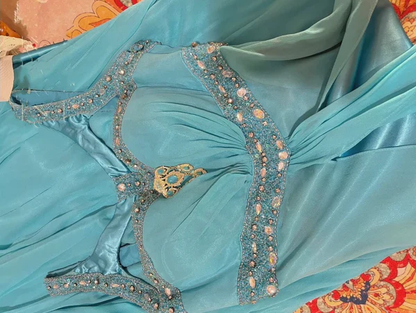 Pretty Blue Satin Chiffon Beaded Long Party Dress Prom Dress SP412