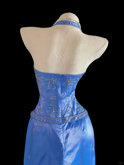 Elegant Halter V Neck Satin Beaded Long Prom Dress Blue Mermaid Long Party Dress SP4088