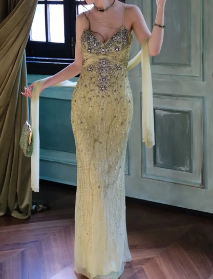 Retro Green Spaghetti Straps Chiffon Beaded Mermaid Long Party Dress Prom Gown SP3862