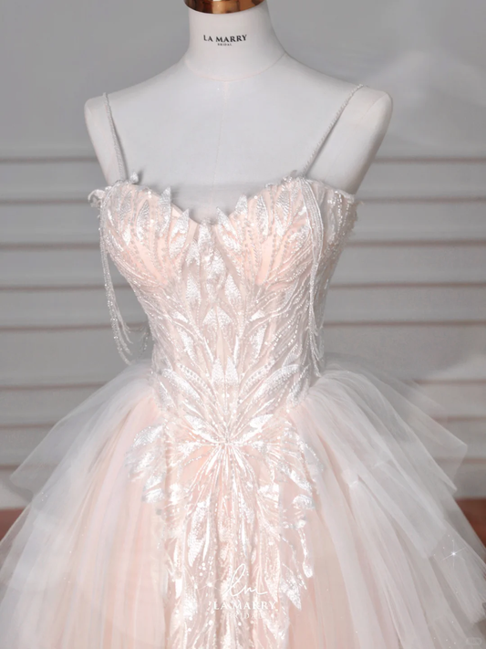 Classy Light Pink Tulle A Line Formal Long Prom Dress Evening Dress Y8623