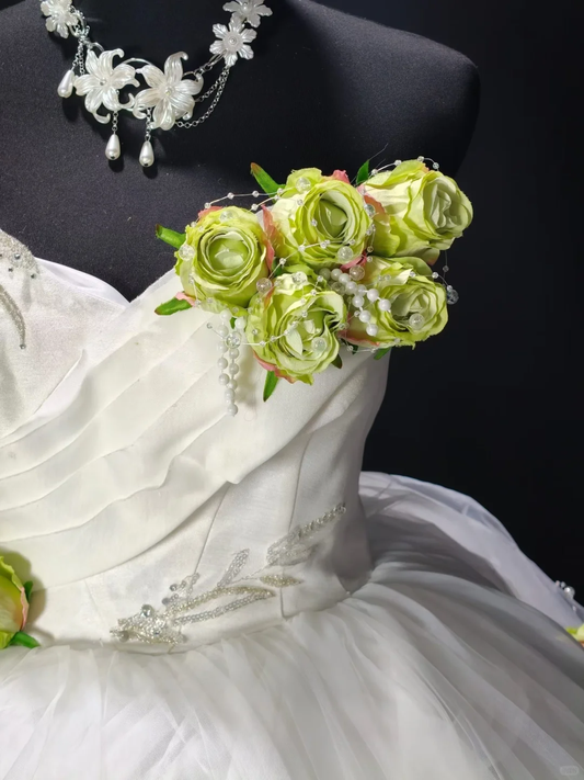 Cute White Strapless Satin Tulle Beaded 3D Floral A Line Short Homecoming Dress Birthday Dress SP3182