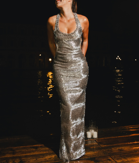 Gorgeous Halter Sequin Beaded Silver Long Prom Dress Backless Slit Evening Dress Y9950