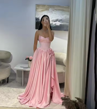 Elegant Strapless Satin Pleated Beaded Slit Party Dress Pink Formal Wedding Guest Dress SP487