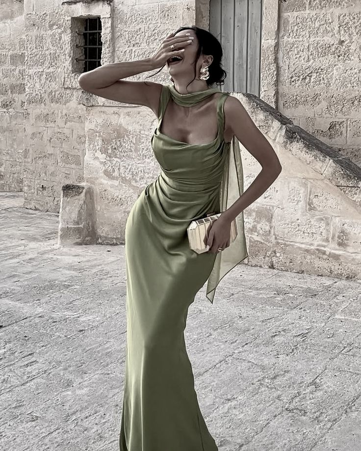 Vintage Olive Green Satin Pleated Mermaid Party Dress Long Wedding Guest Dress SP960