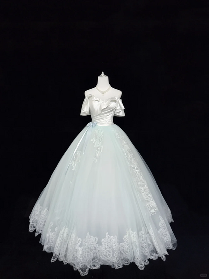 Charming Ball Gown Pastel Mint Green Off The Shoulder Tulle Appliques Long Party Dress Prom Dress SP2217