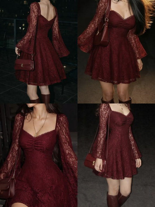 Vintage Burgundy Lace A Line Short Graduation Homecoming Dress,Formal 18th Birthday Outfits SP2868