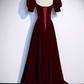 Burgundy Velvet Long A-Line Prom Dress, Simple Short Sleeve Party Dress Y6972