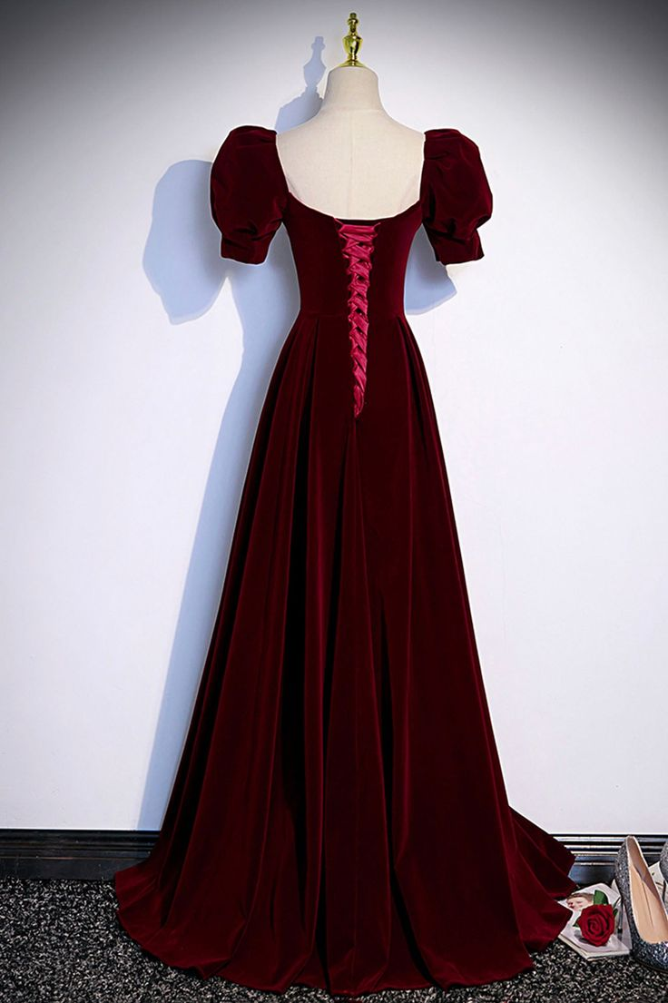 Burgundy Velvet Long A-Line Prom Dress, Simple Short Sleeve Party Dress Y6972