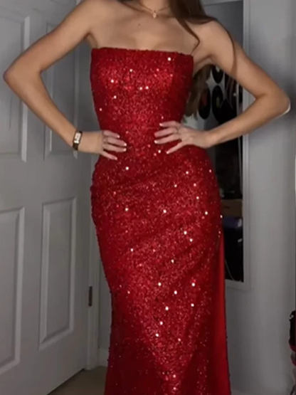 Shiny Strapless Red Mermaid Sequin Long Party Dress Prom Dresses SP3736