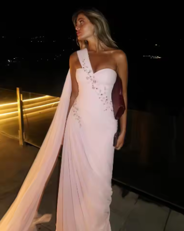 Pretty Pink One Shoulder Chiffon Beaded Long Party Gown Formal Birthday Prom Dress SP539