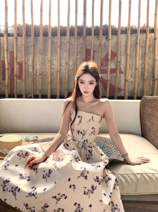 Sweet Strapless Off White Satin Print Floral A Line Long Evening Dress Birthday Dress SP2029