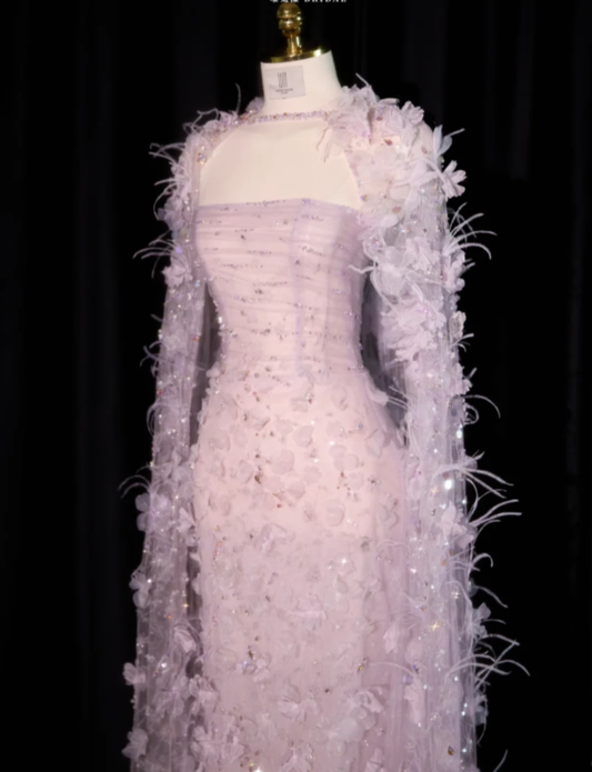 Pretty Purple Strapless Tulle Beaded Appliques Sheath Long Evening Dress Birthday Dress With Feathers SP2240