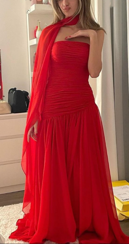 Pretty Red Strapless Chiffon Mermaid Evening Dress Long Wedding Guest Dress SP979