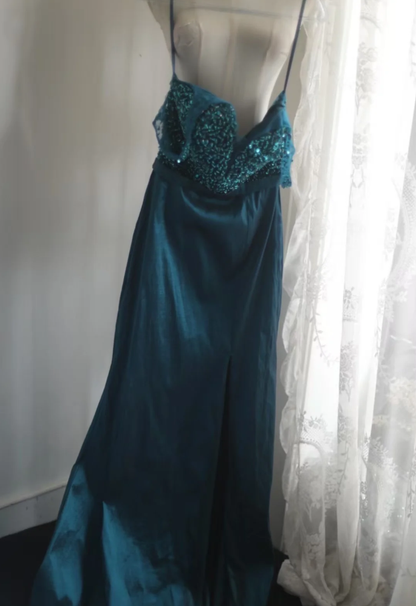 Glamorous Blue V Neck Satin Beaded Mermaid Party Dress Slit Long Wedding Guest Dress Prom Gown SP1264