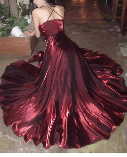 Elegant Burgundy V Neck Satin A Line Long Party Dress Birthday Dress SP1987