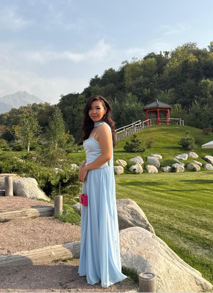 Elegant Spaghetti Straps Sky Blue Chiffon Beaded A Line Long Party Dress Formal Wedding Guest Dress With Ribbon SP761