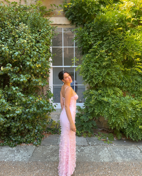 Classy Spaghetti Straps Satin Beaded Appliques Mermaid Party Dress Pink Slit Long Prom Gown SP1036