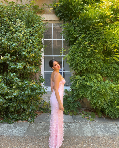 Classy Spaghetti Straps Satin Beaded Appliques Mermaid Party Dress Pink Slit Long Prom Gown SP1036