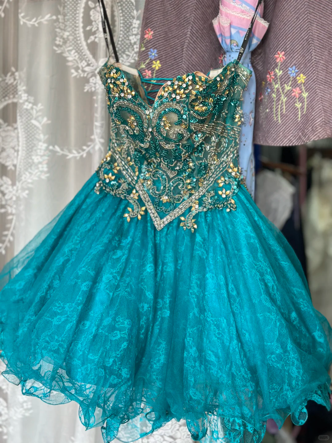 Retro Sweetheart Neck tulle Lace Beaded Short Prom Dress Peacock Blue Short Homecoming Dress SP3810