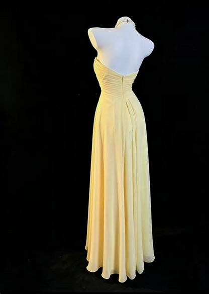 Pretty Yellow Strapless Chiffon Pleated A Line Long Prom Dress Party Gown SP2767