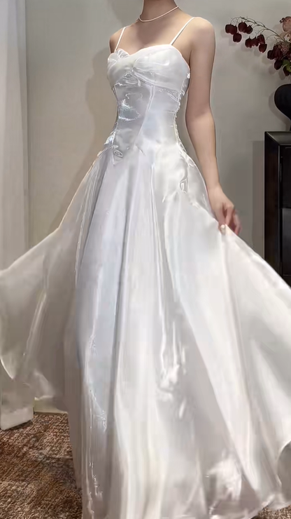 Glamorous White Spaghetti Straps Organza A Line Long Party Dress Formal Wedding Guest Dress SP425