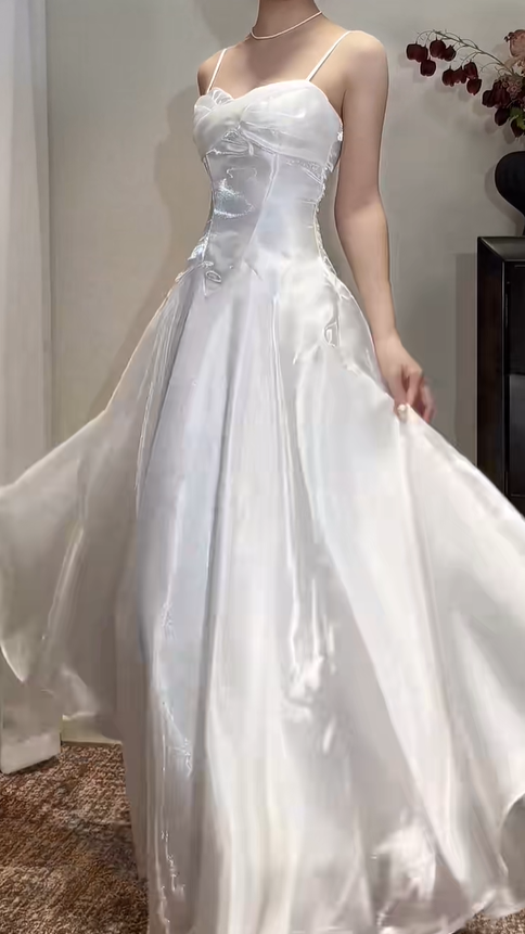 Glamorous White Spaghetti Straps Organza A Line Long Party Dress Formal Wedding Guest Dress SP425